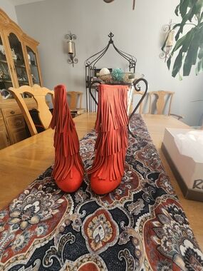 Only Maker Women's Red Fringe Suede High-Heel Boots